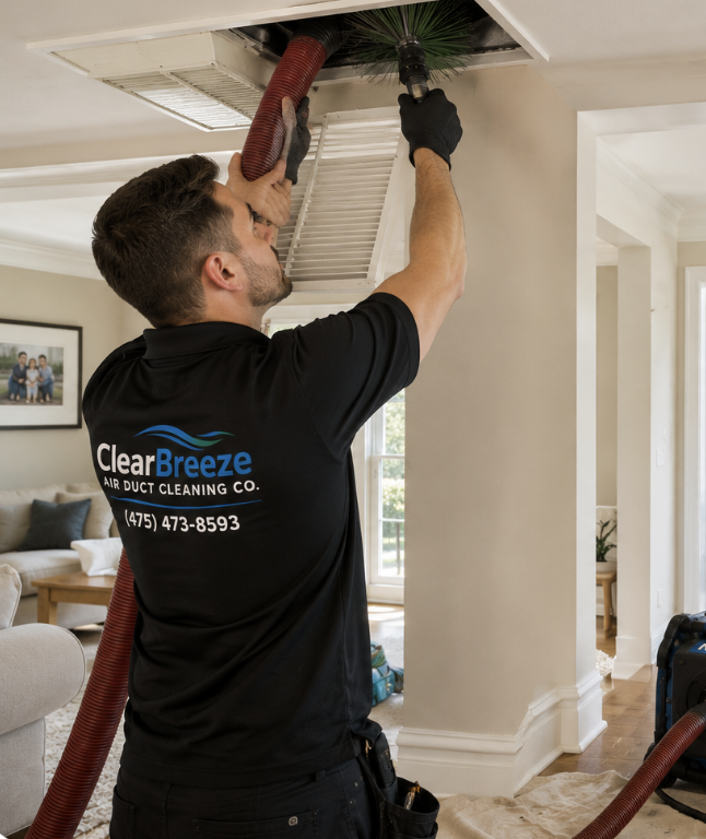 ClearBreeze Air Duct Cleaning Co. technician cleaning a ceiling air duct vent in a Connecticut home